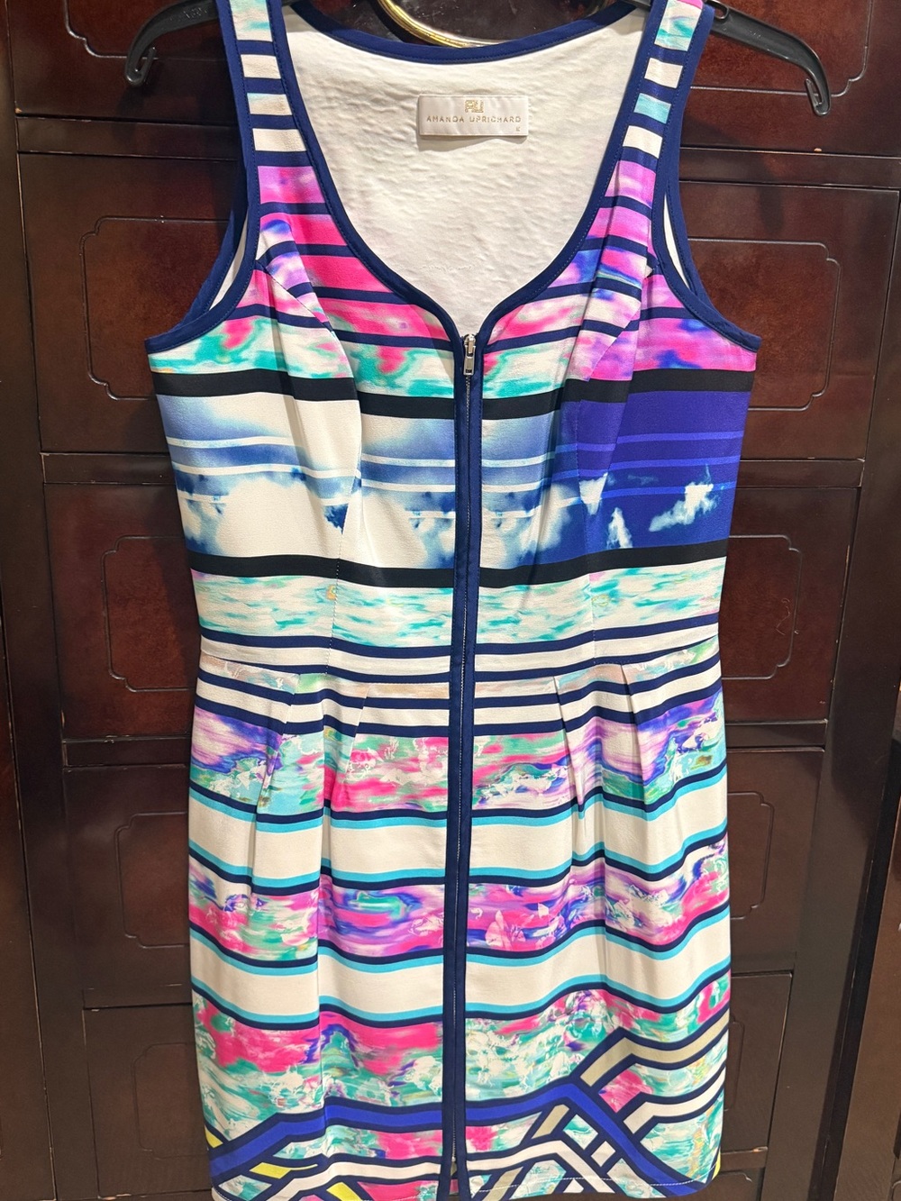 Amanda Uprichard Striped Zip-Front Dress in Blue, Pink, Teal